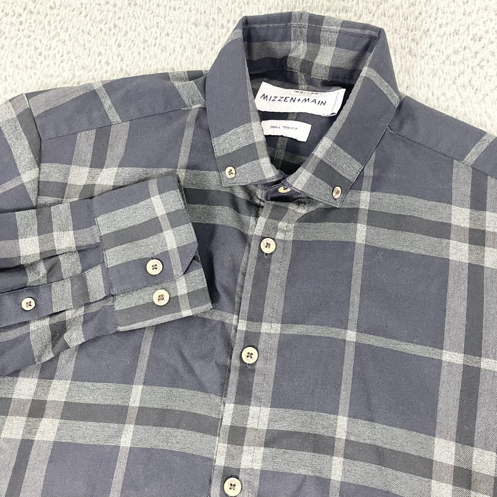 Mizzen+Main Dress Shirt Mens Small Gray‎ Plaid Trim Fit Non Iron Long Sleeve